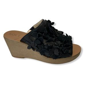 Sole Society Black Leather Poppie Wedge Sandals 7